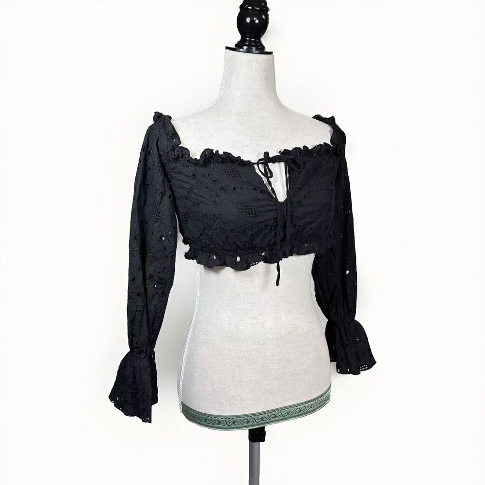 Tiger Mist Ruffle Lace Cami Crop Top S Black Eyelet Fairy‎ Goth Coquette Club